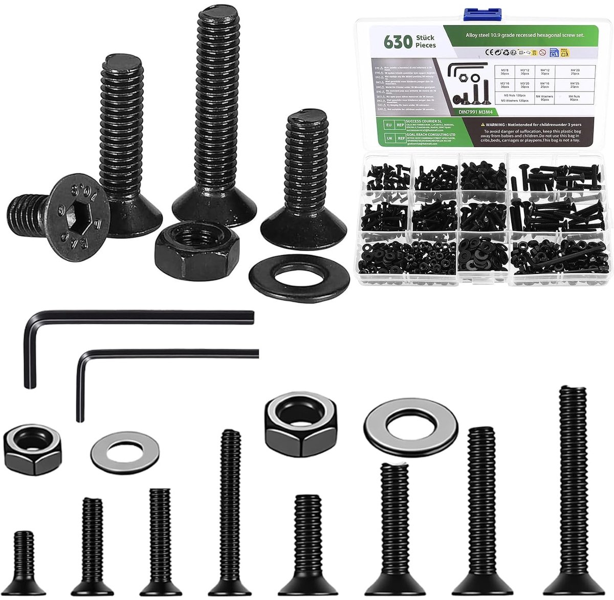 630 stuks M3 M4 schroeven set, verzonken schroeven moeren set, platte kop inbusschroeven met moeren, draadschroeven - ShopVlot