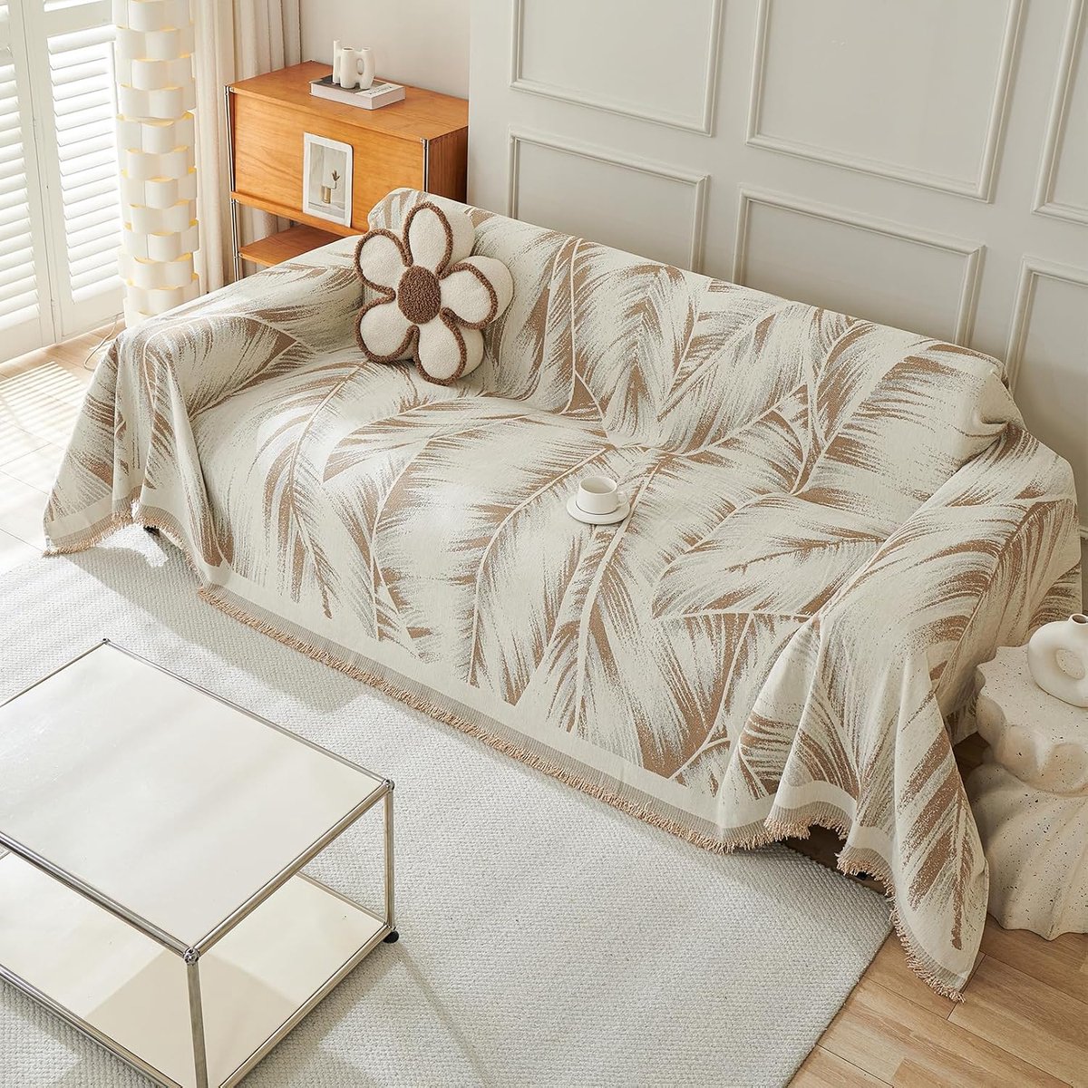 Reversible Sofa Bedspread, Artistic Botanical Sofa Blanket with Decorative Tassels, Versatile Chenille Throws for - ShopVlot