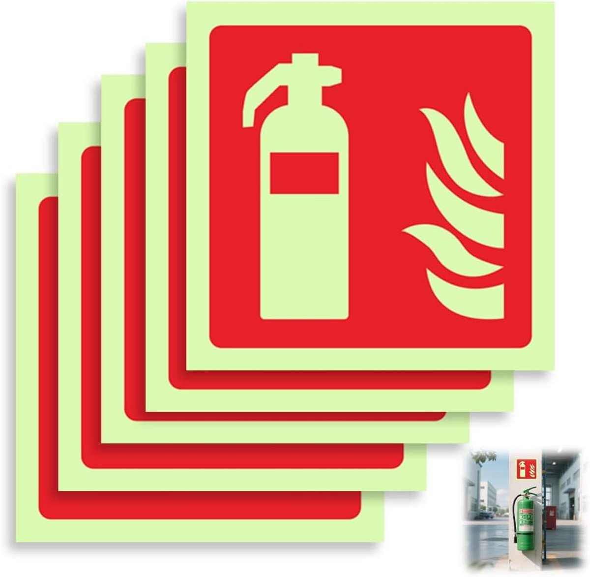Pack of 5 PVC Fire Extinguisher Signs Self Adhesive Photoluminescent Fire Protection Shield for Home, Office - ShopVlot