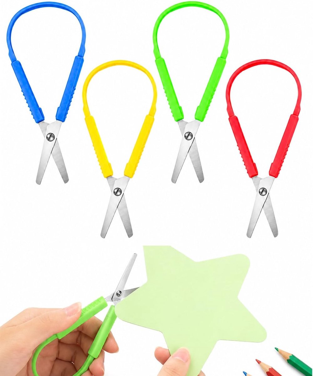 Set van 4 kleine veiligheidsschaar voor kinderen, afgeronde punten en antislip handgrepen, blauw/geel/groen/rood - ShopVlot