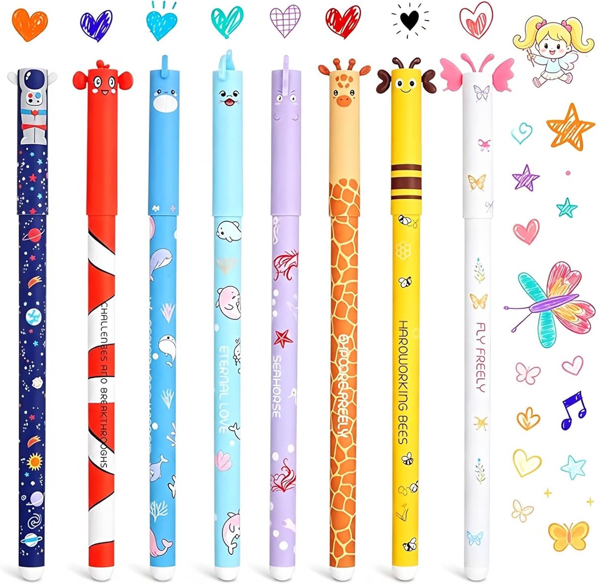 Set van 8 uitwisbare gelpennen, uitwisbare balpen – Klicken gelpennen met dierenmotieven, geschikt voor school en - ShopVlot