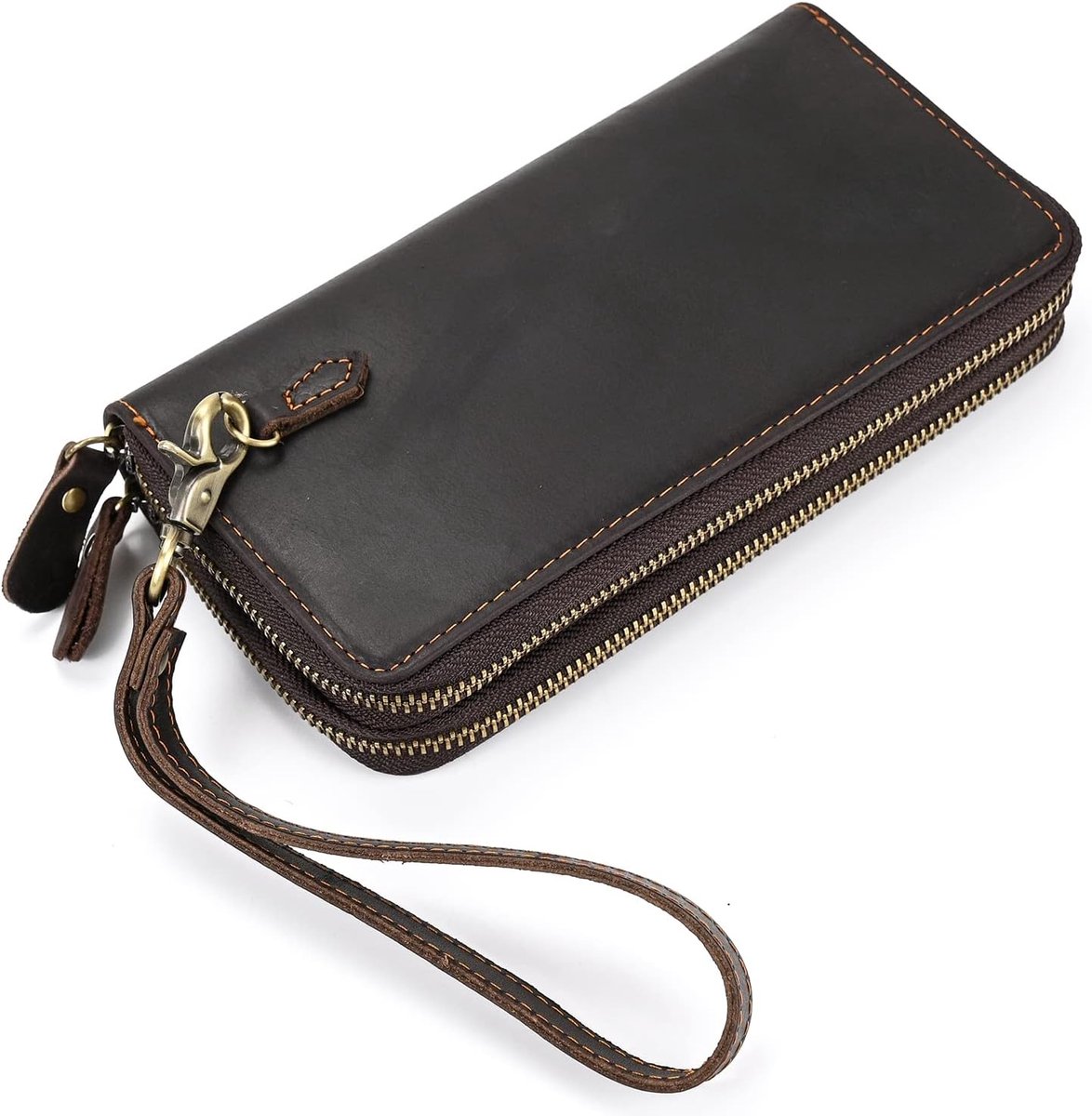 LUUFAN Men's Genuine Leather Wallet Double Zipper Long Wallet Large Capacity Clutch Bag Handbag Business Hand Clutch - ShopVlot