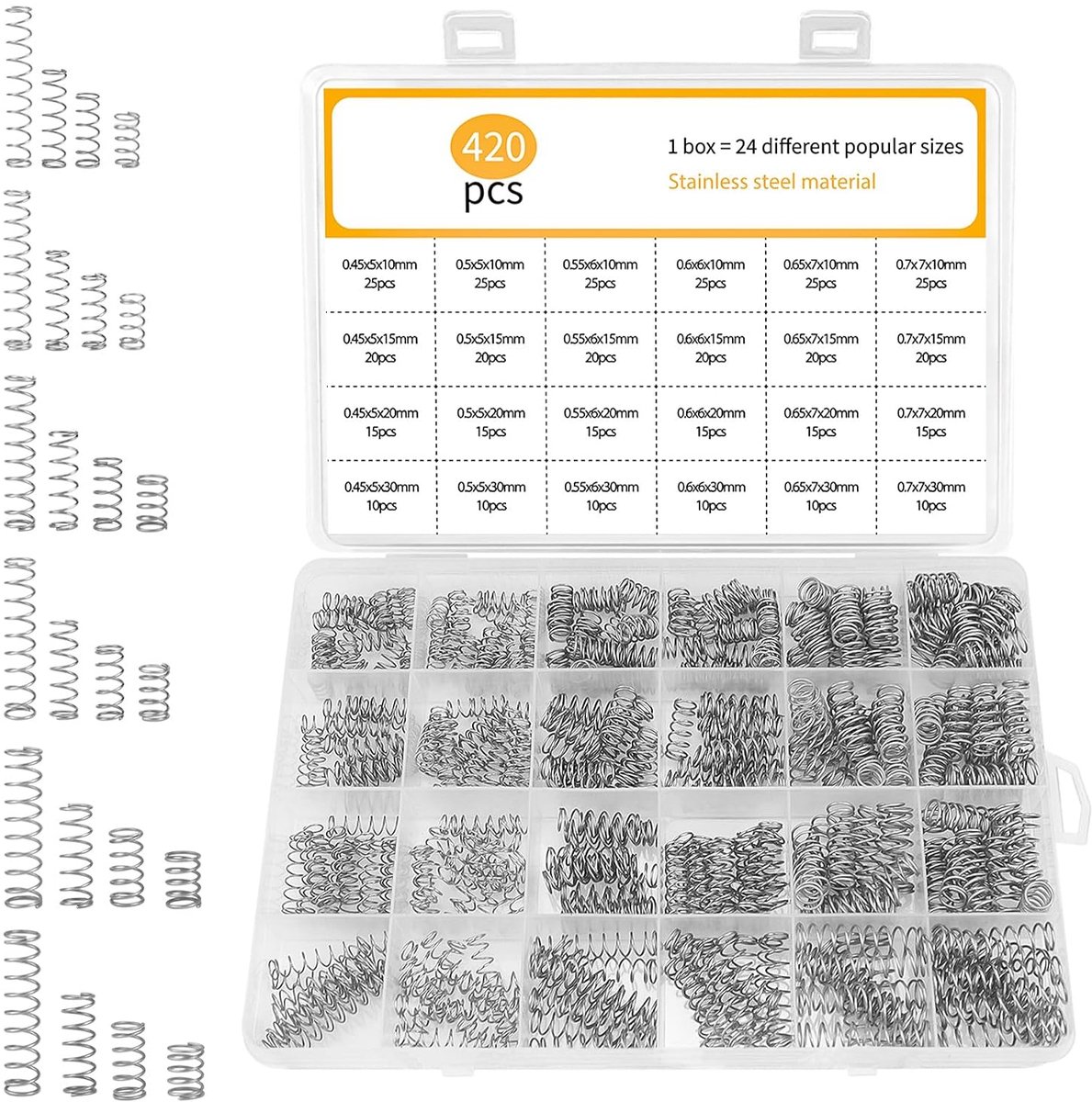Compressieveren set 420 stuks - 24 specificaties - Diameter 15-7 mm - Hoogwaardige roestvrij staal - ShopVlot