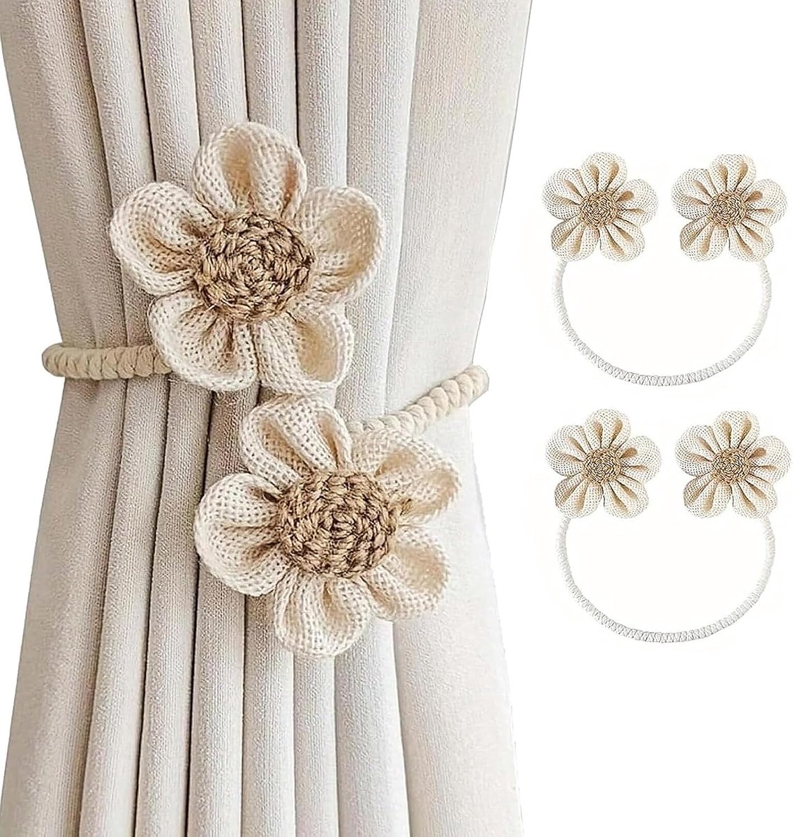 Gordijnhouders bloemen - handgemaakt van natuurlijke katoen - beige - ideaal voor binnen en buiten - ShopVlot