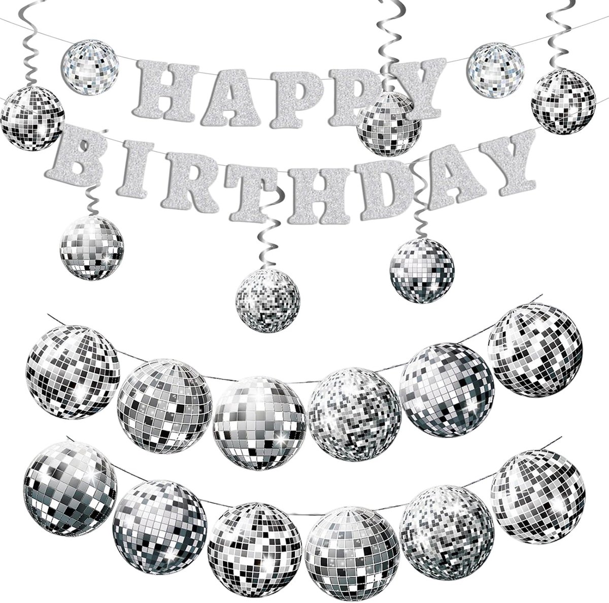 Disco party decoratie verjaardag slinger - 1 disco banner - 1 zilveren happy birthday banner - retro feeststemming - ShopVlot