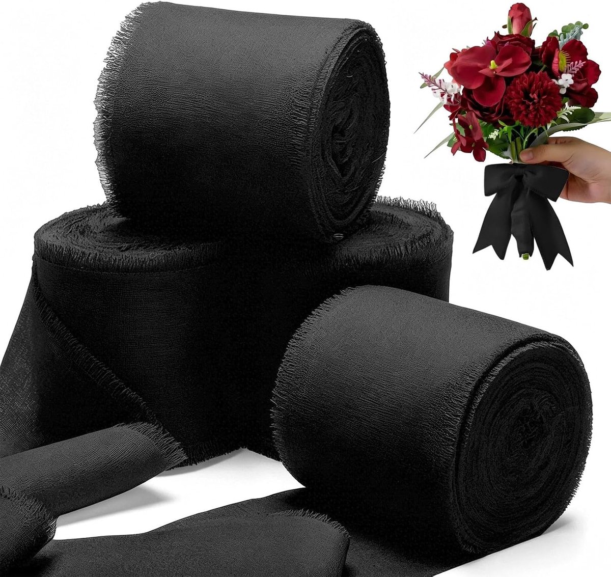 SnelShoppen - 4-delige set chiffonlinten - Cadeaulinten 5 m x 3,5 cm breed zwart lint met gerafelde randen - Perfect voor inpakken van cadeaus, decora