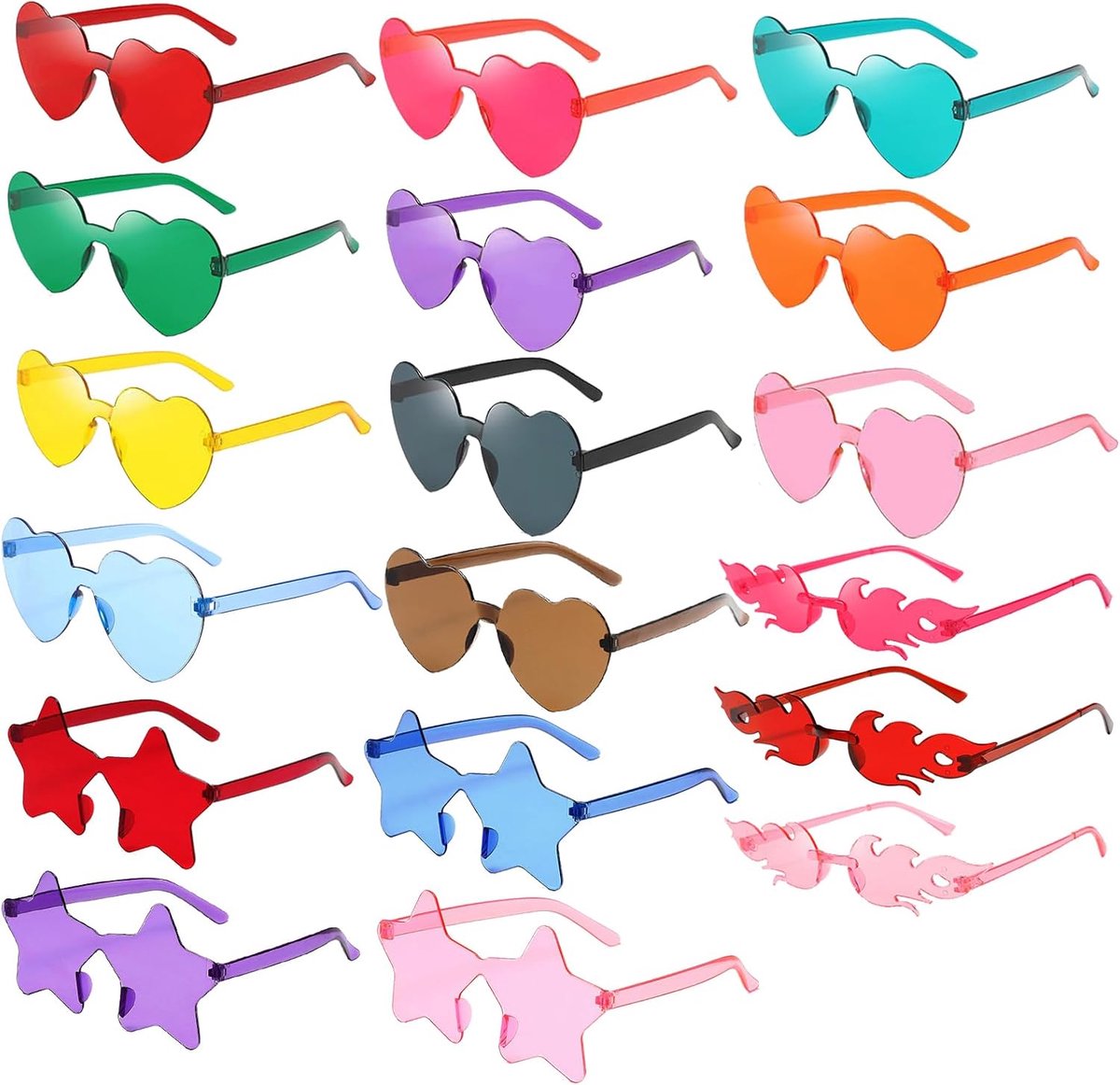 18 Pairs Heart/Star Hippie/Retro Flame Glasses, Funny Party Sunglasses, Rimless Heart Shaped Sunglasses for Carnival - ShopVlot