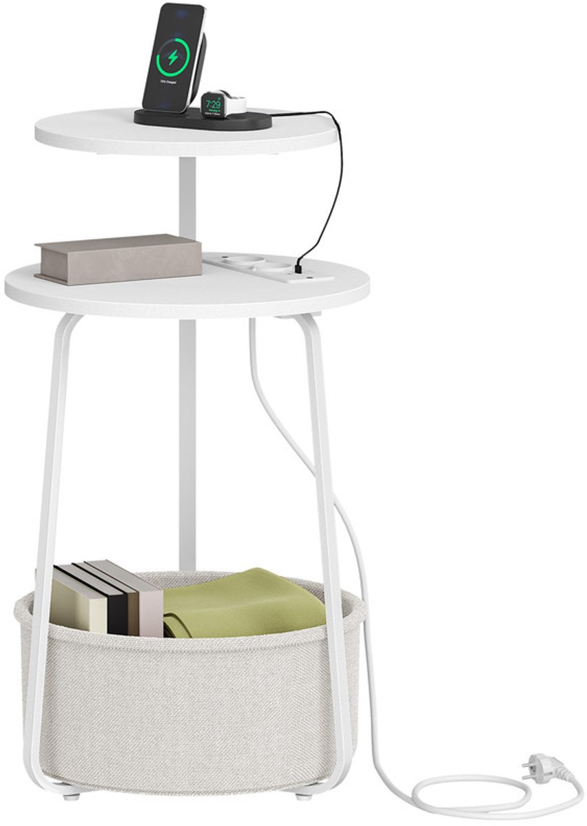 Hzuaneri Bijzettafel, rond, 2-traps salontafel met stekkerdoos, stoffen mand, stalen frame, voor woonkamer, kleine ruimtes, slaapkamer, wit