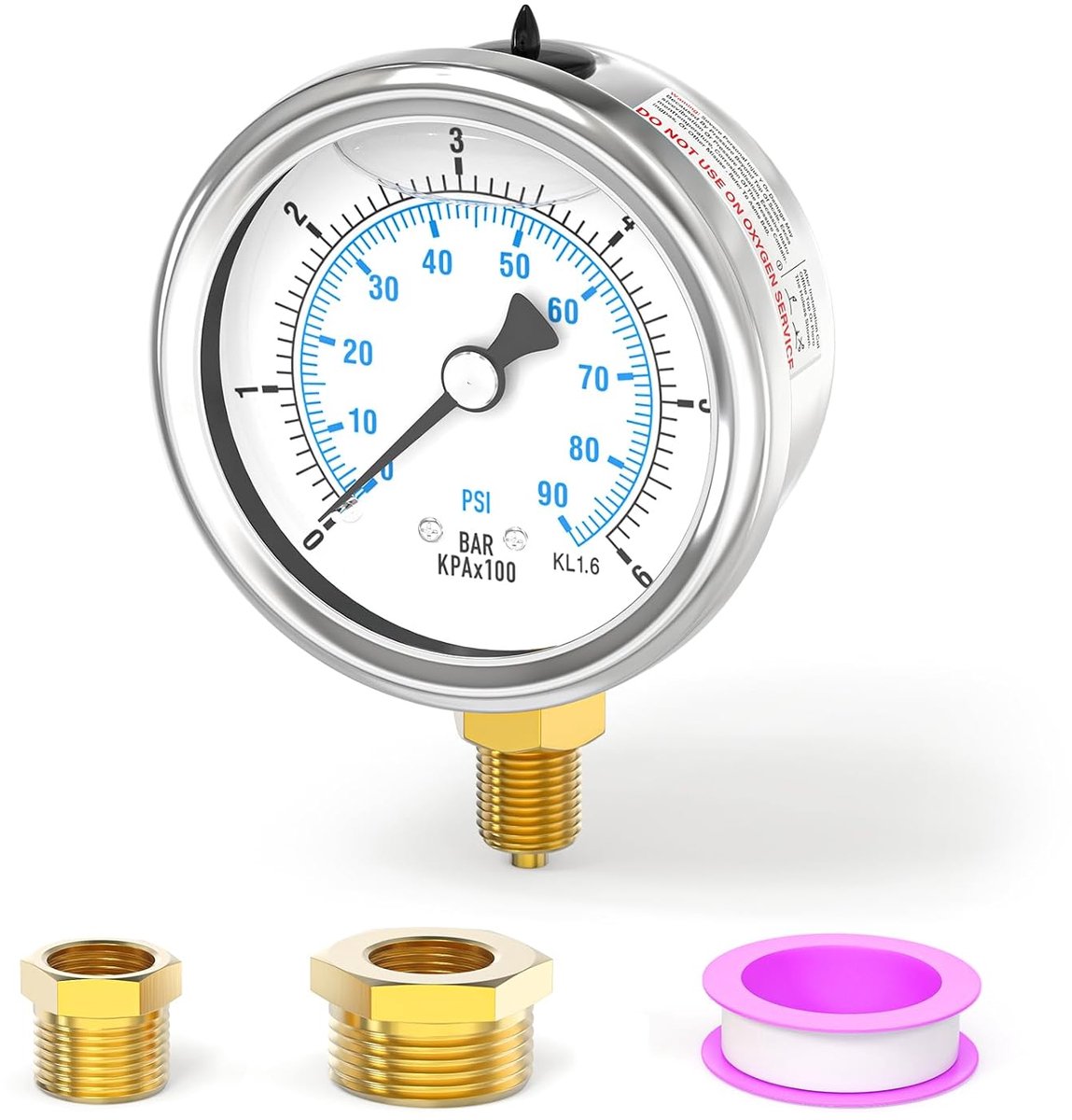 0-6 bar/0-90 psi stainless steel 1/8" BSP 2.5" FACE DIAL liquid filled pressure gauge, bottom mounted with 3/8" x 1/8" - ShopVlot