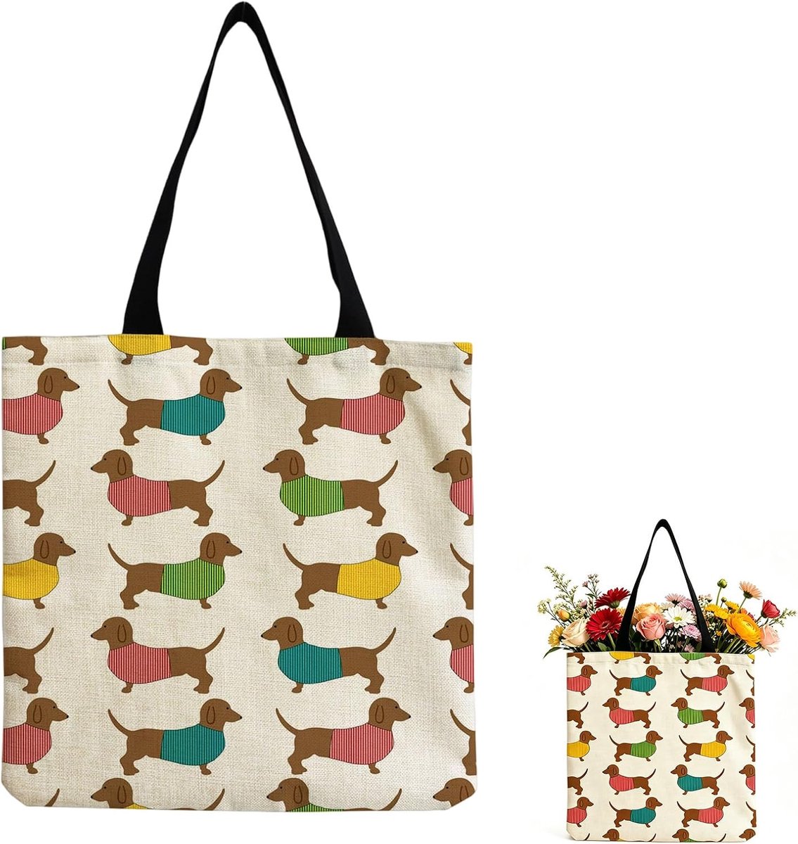 Teckel Handtas, 40 x 38 cm, tas van stof, teckel, grote casual draagtas met handvat, herbruikbaar, boodschappentassen - ShopVlot