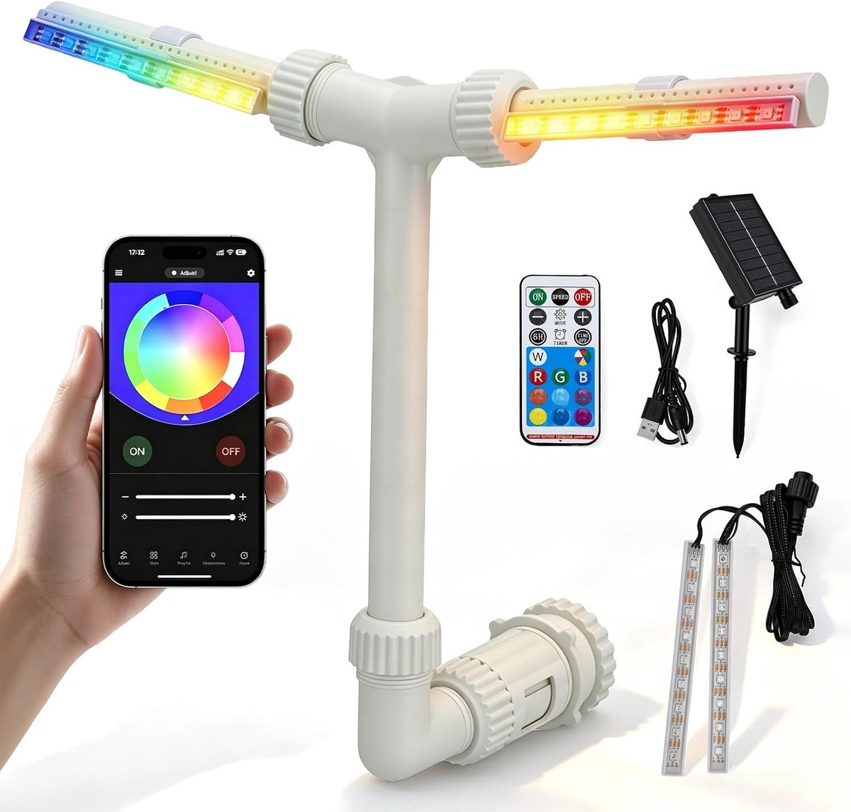 KZQ Solar zwembadfontein met LED-verlichting - 17 lichtstanden met afstandsbediening en app - Dubbele 360° verstelbare sproeiers - Voor ontspanning en feestjes - Multicolor