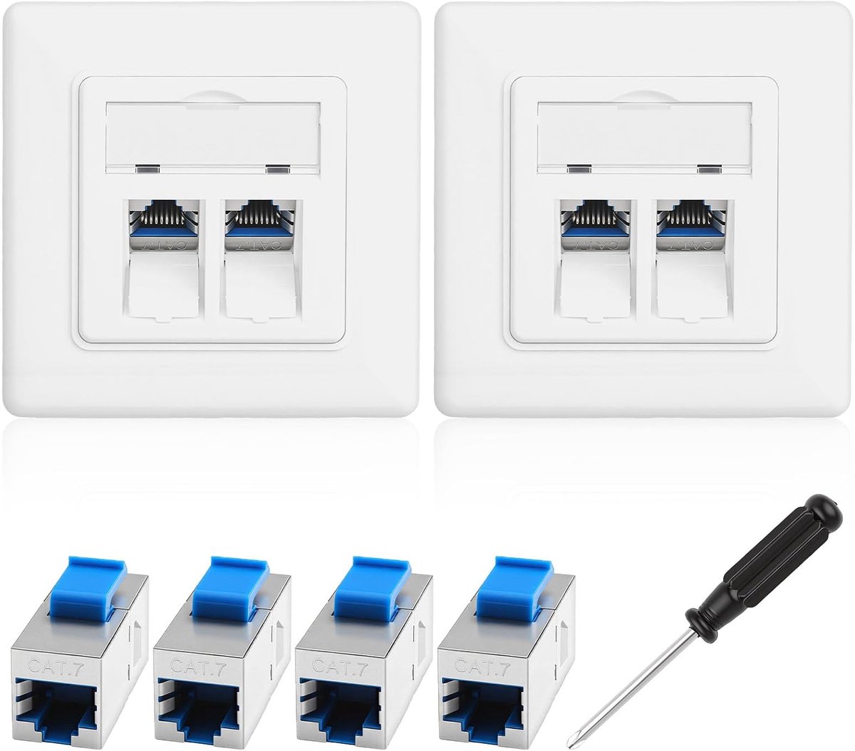 2 stuks 2-poorts CAT7 netwerkdoos inbouwset, 4 stuks CAT7 Keystone RJ45 module, netwerkdoos opbouw, 10 Gbps/600 MHz - ShopVlot