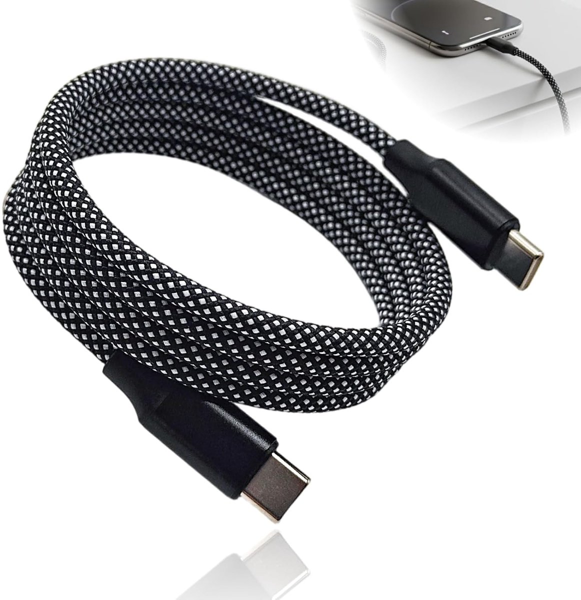 Magnetische kabel USB C 1 m, oplaadkabel C naar C 60 W, elastisch, zelfoprolend, USB C magnetische kabel, intrekbare - ShopVlot