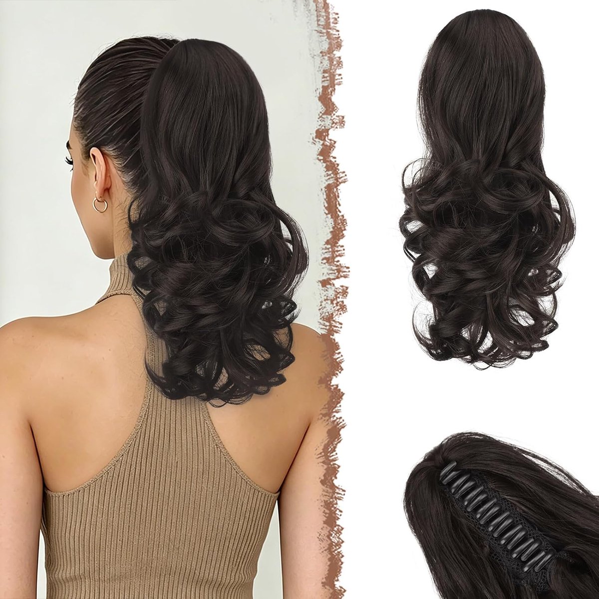 FESHFEN Ponytail Extensions with Claw, 35cm Black Brown Curly Wavy Synthetic Ponytail Hairpiece Extension Hairpieces - ShopVlot