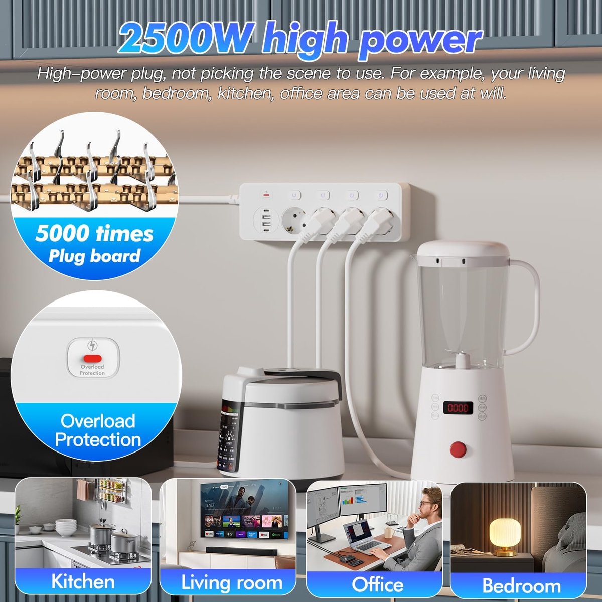 Power Strip 4-Way with 2 USB A and 2 Type-C Fast Charging Ports, Multiple Socket with Individual Switch, Junction Box - ShopVlot