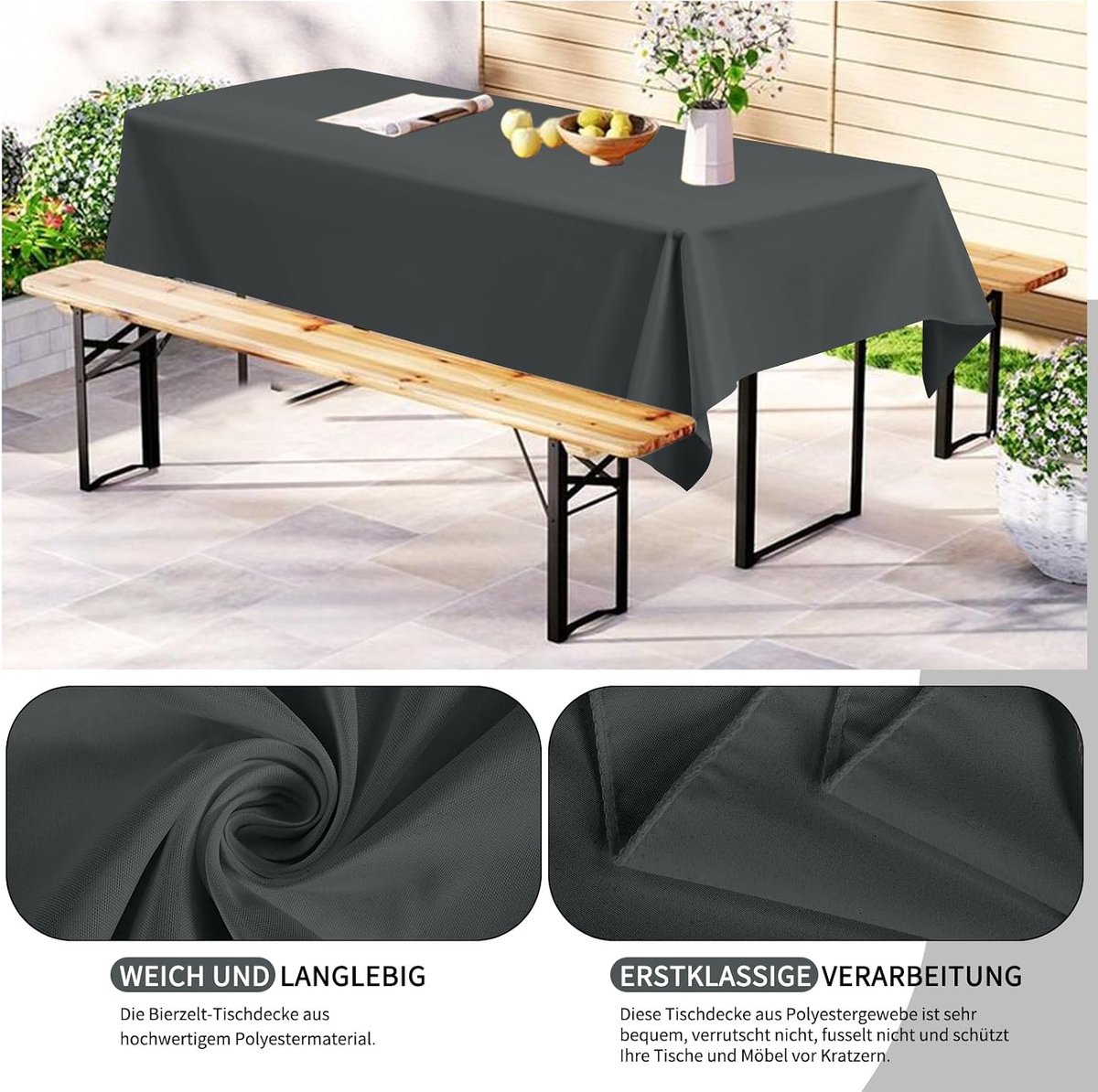 Set of 6 Beer Tables, Dark Grey Beer Tablecloths, 260x110cm, Durable Polyester Tablecloth, Washable Tablecloth for - ShopVlot