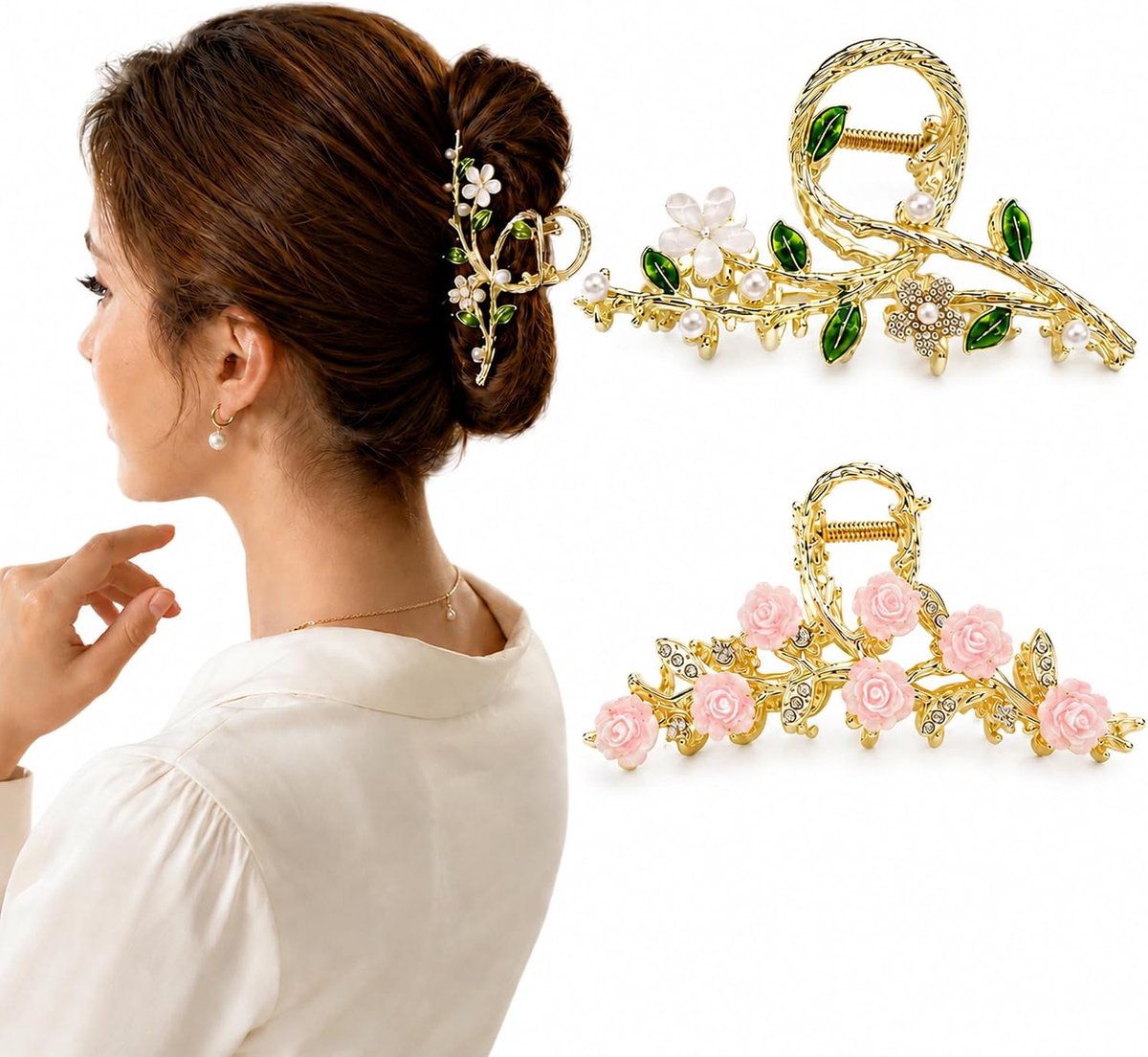 2 stuks bloemenhaarspelden groot goud met parels voor dames - Metalen haarspeld met blad strass decoratieve haarclips - ShopVlot