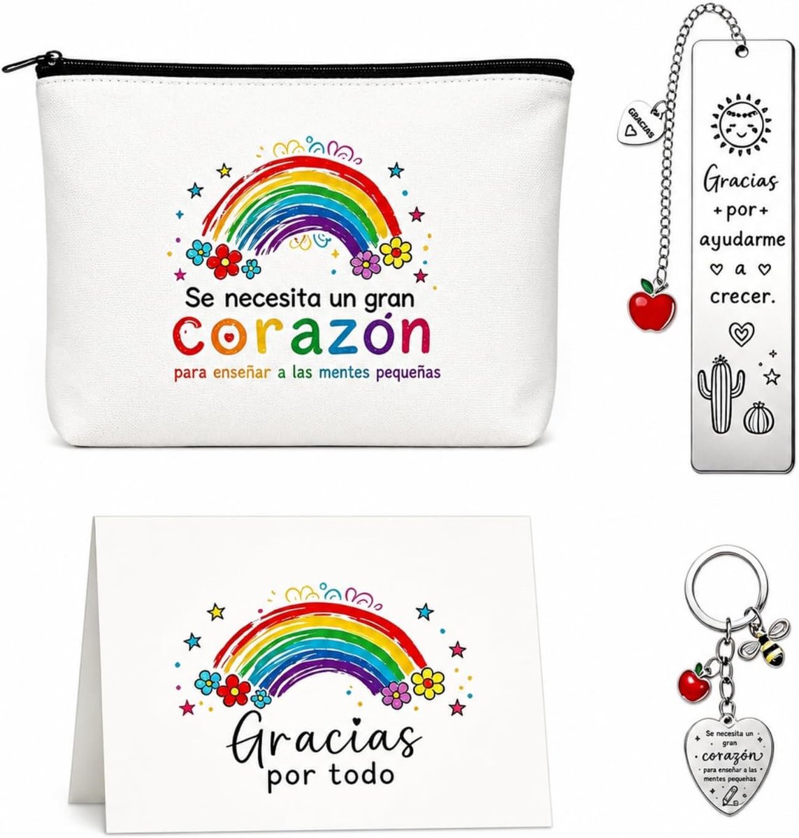 Cadeau voor leraren voor kinderen, 4-delig, met regenboog-make-uptas, bedankkaart, bladwijzer en sleutelhanger, cadeau - ShopVlot