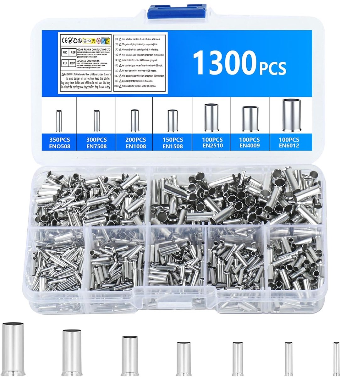 1300pcs Assortment Cord-End Ferrules, Uninsulated Copper Tinning - ShopVlot