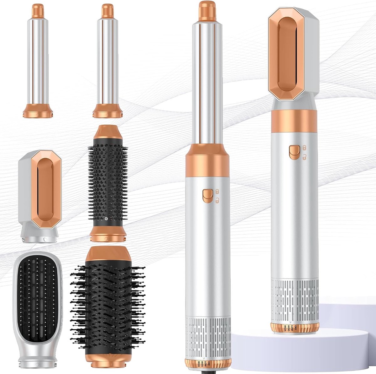 Föhnborstel 6-in-1 – 1000W Airstyler – Automatische Krultangen – 3 Warmtestanden – 200M Ionen – Goud