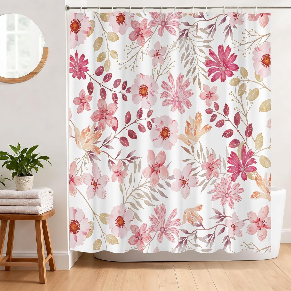 Pink Floral Shower Curatin, Boho Cute Colorful Flower Shower Curtains for Girls 182x183cm Waterproof Bathroom Decor - ShopVlot