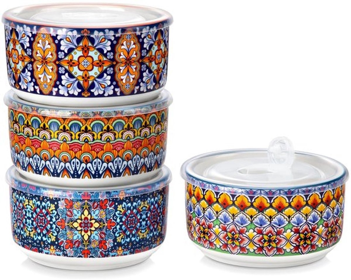 Opbergkommen 1300ml - Set van 4 - Luchtdichte Deksel - Keramisch - Voedselopslag - Geschikt voor Magnetron