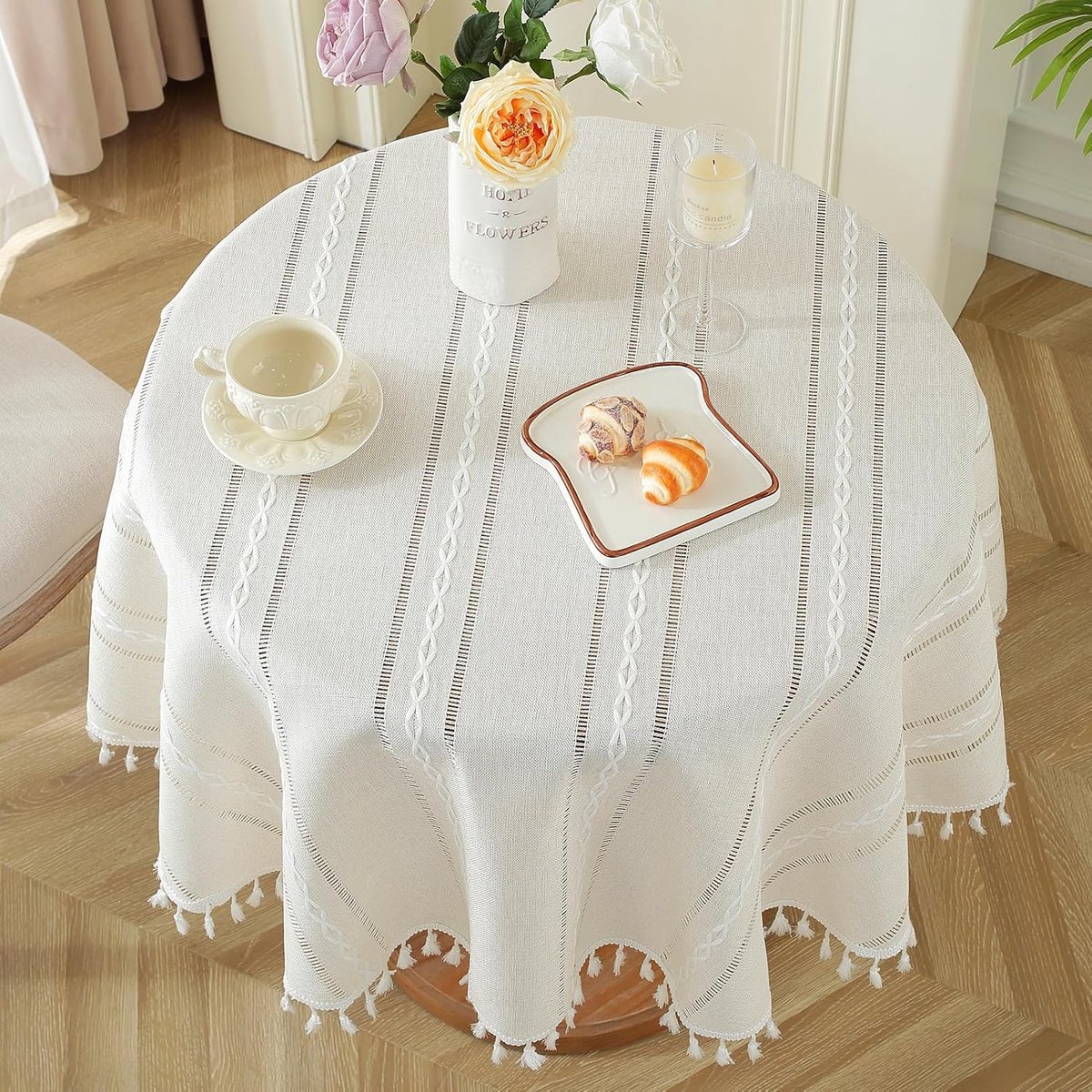 Tafelkleed rond 140cm - Linnen met franjes - Gestreept design - Verfraai je eetkamertafel - ShopVlot