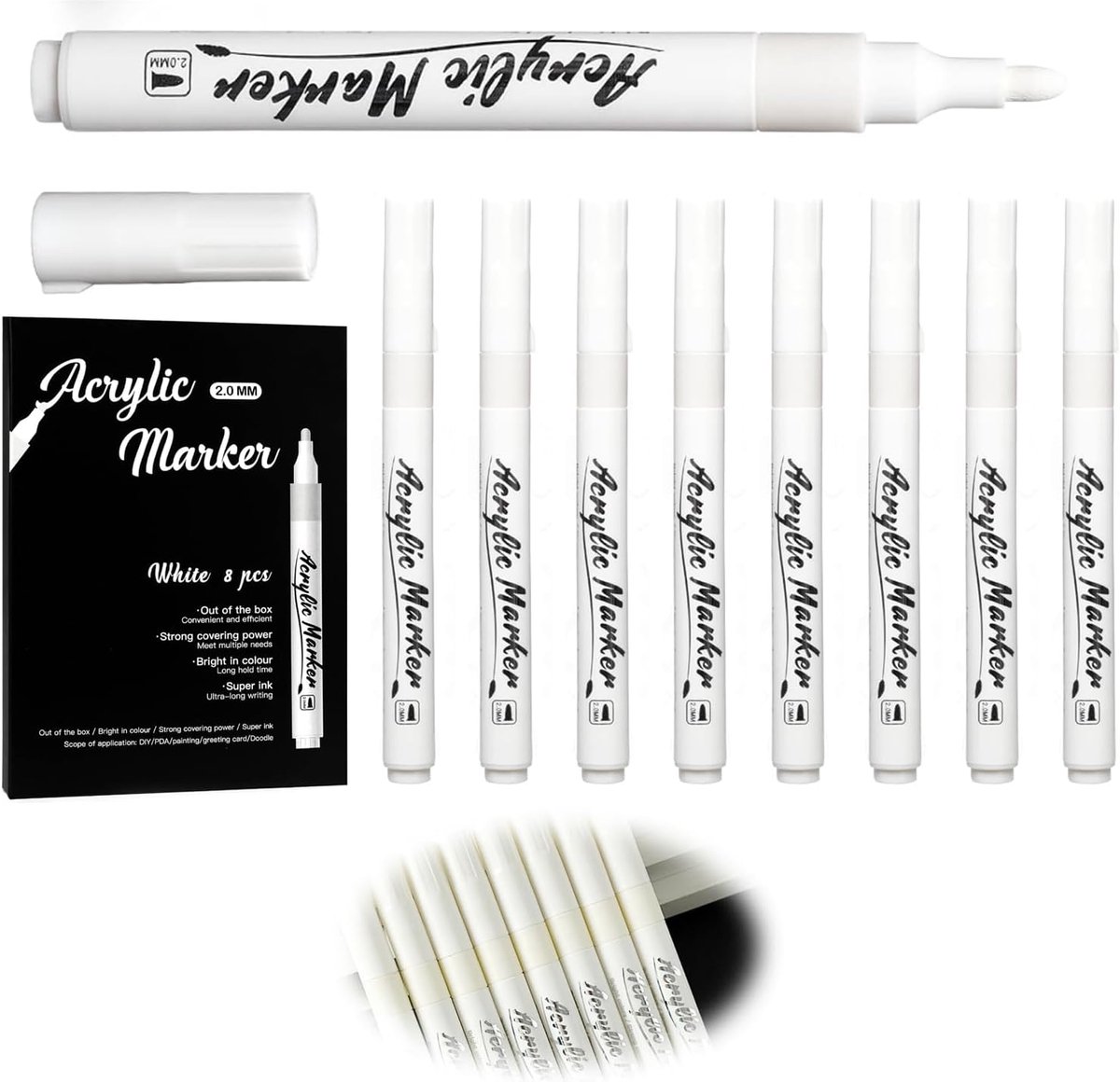 Acrylstiften 8 x wit - premium markeerset - waterbestendig - ideaal voor creatieve projecten - ShopVlot