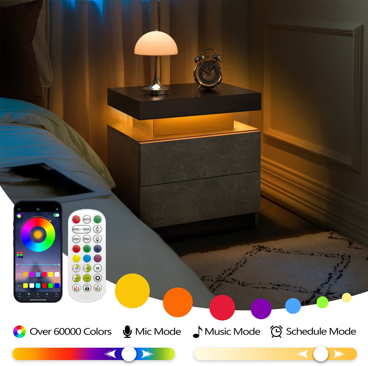 LED Nachtkastje 50x53x36 cm - Houten Bedside Tafel Met 2 Laden En Verstelbaar LED Licht Grijs