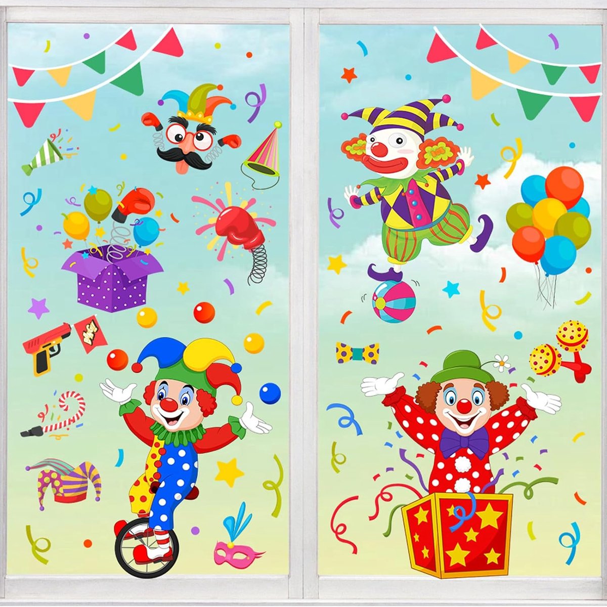 Raamstickers carnaval clown en dieren - kleurrijke zelfklevende vlinders - feestdecoratie voor kinderkamer - ShopVlot
