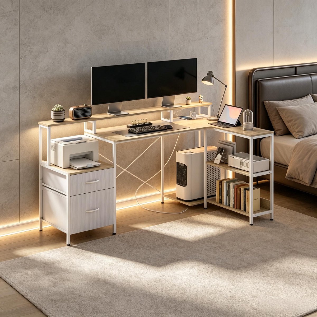 Hoekbureau 172x100 cm - L-vormig Bureau Met LED Verlichting, 2 Stopcontacten En 2 Laden Wit
