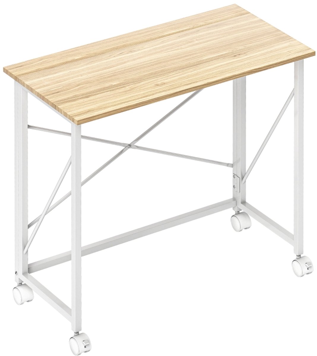 Inklapbaar Bureau 80x40 cm Met 4 Wieltjes - Stalen Frame En MDF Tafelblad Natuur