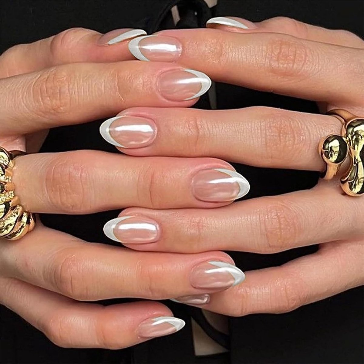 Press on Nails 32 stuks - Middelgrote Amandelvorm - Aurora Chroom French Tip - Stijlvol salonresultaat - ShopVlot