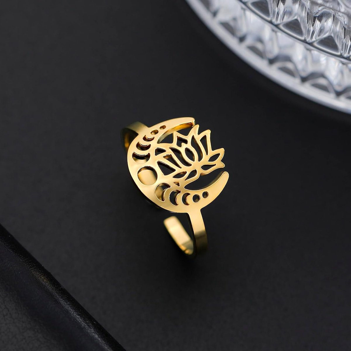 Dreamtimes Crescent Moon Rings for Women Girls Adjustable Stainless Steel Open Finger Lotus Flower Yoga Rings Trendy - ShopVlot