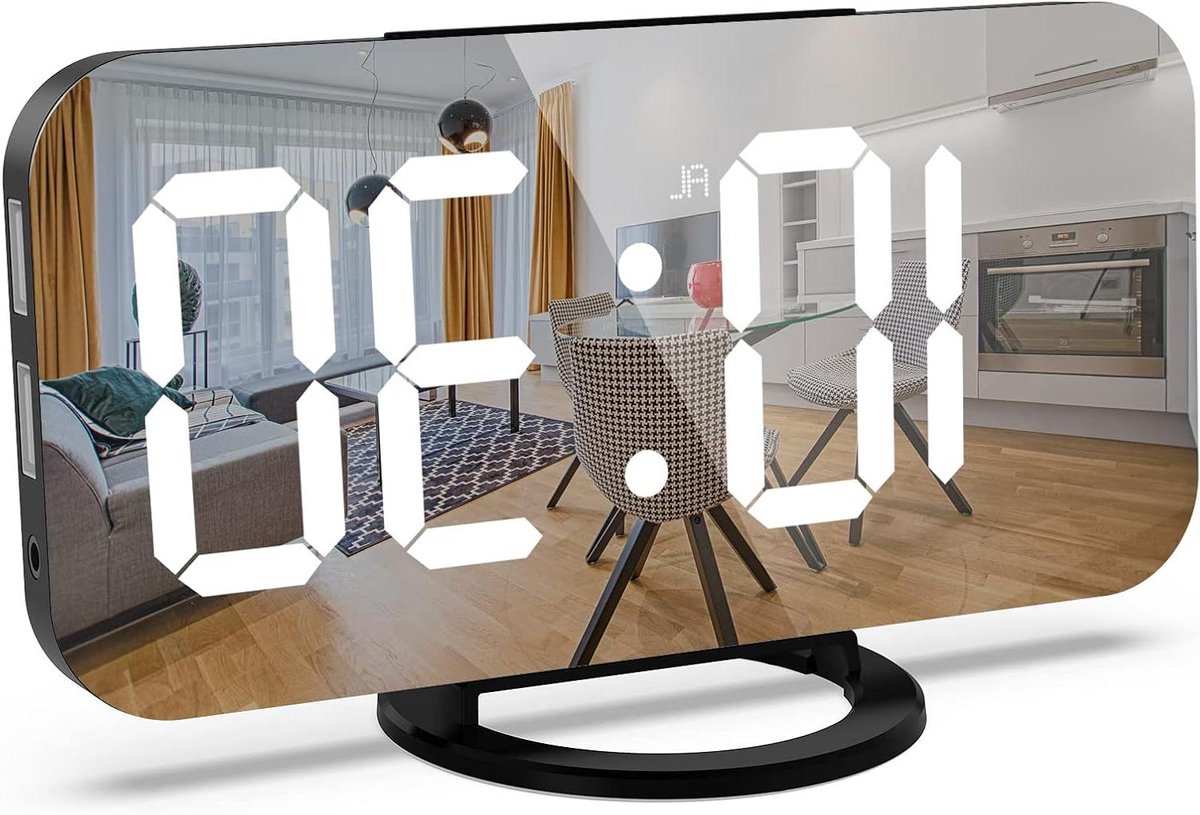 Digitale Wekker - Tafelklok Spiegeld - Tijd Weergeven - Groot LED Display - 15.2 cm Scherm - Wit