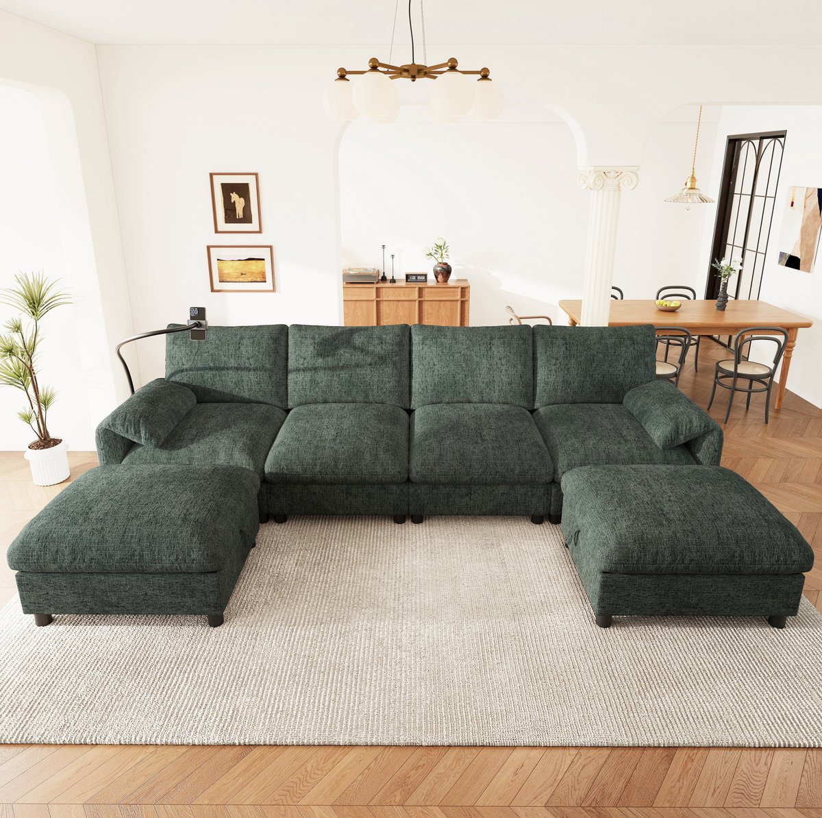 MIVRAY U-bank 273,5 x 133 x 81 cm - Modulaire Hoekbank Met 2 Opberghockers, USB, Type-C En Telefoonhouder - Voor Woonkamer - Chenille Groen
