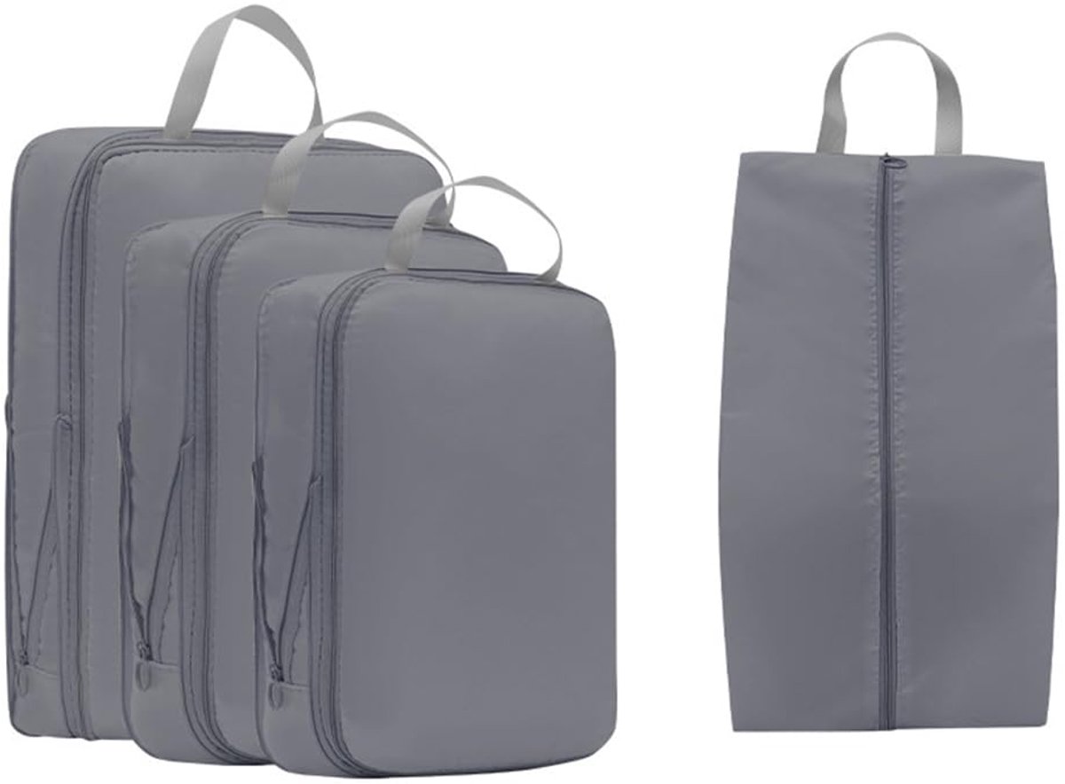 Compression Packing Cubes 4 Delige Set – Reis Organizers voor Koffer – Inclusief Schoenentas – Lichtgewicht Kleding Opbergzakken voor Vakantie en Zakenreis – Grijs