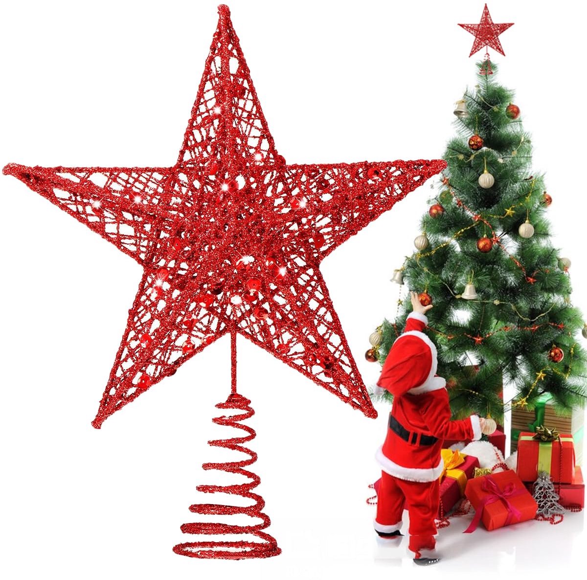 Kerstboomtop ster, kunststof Kerstboomtop, Kerstboomtop gemaakt van kunststof, Kerstboomtopster, sterrenboomtop voor kerstboomversiering, 20cm, rood