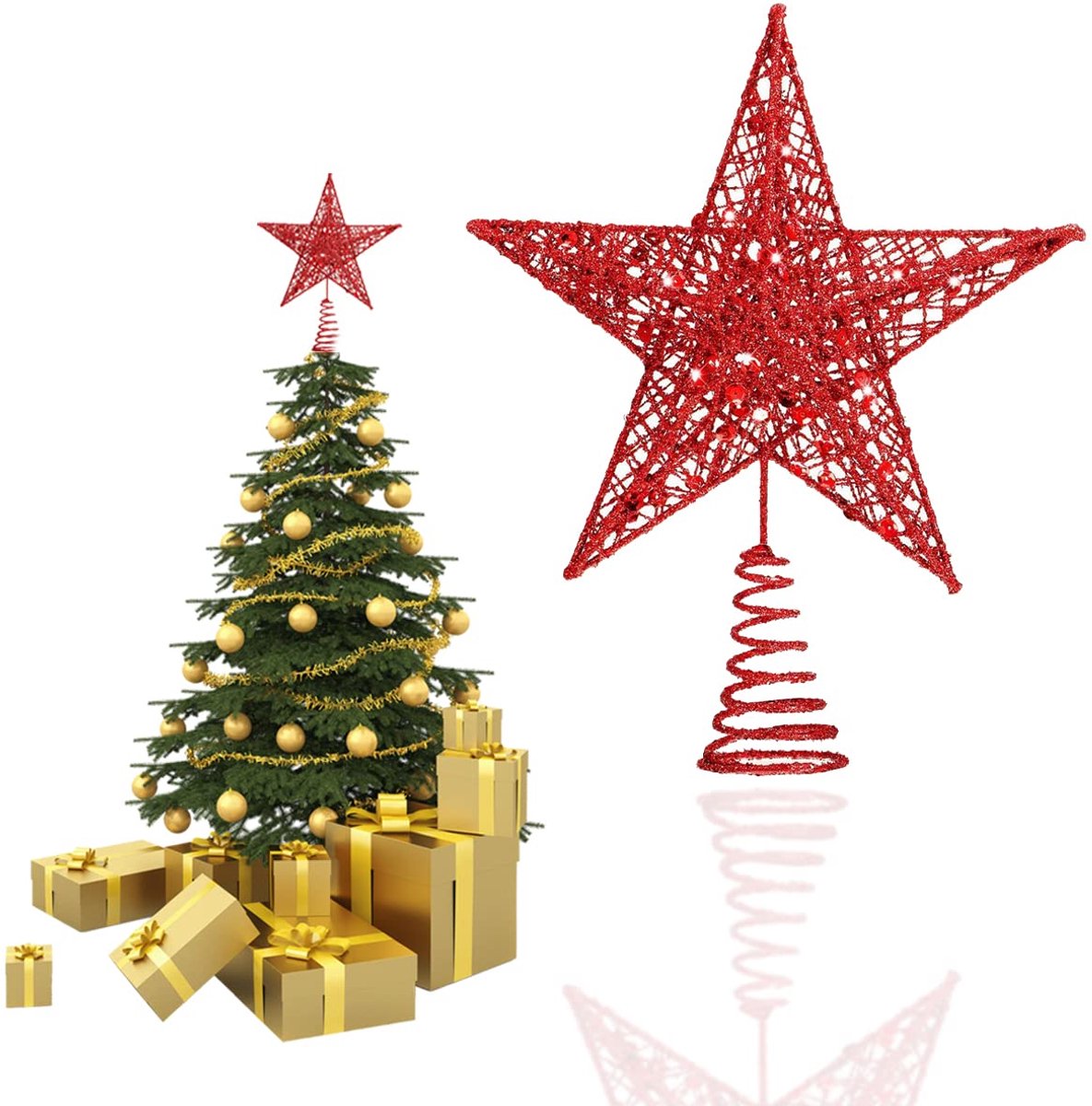 Kerstboomster, topper, kerstster, boompiek, ster voor kerstboompunt, glinsterende ster van metaal, glitter kerstboom, voor Kerstmis, Nieuwjaar, party, 20 cm, rood