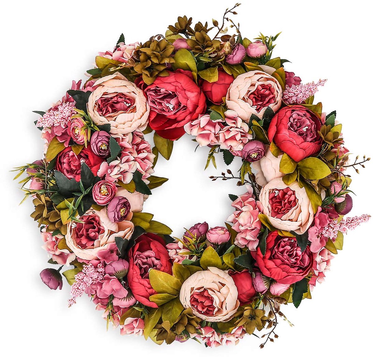 Bloemenkrans 45 cm vintage bloeiende zijden pioenen lente zomer herfst winter grote kransen bloem groene bladeren voor buiten voordeur indoor bruiloft muur of raam