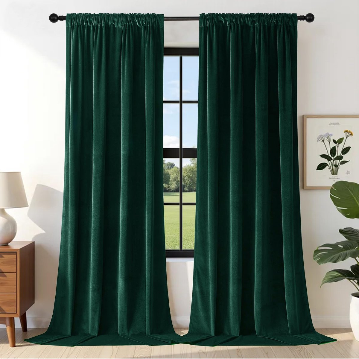 Gordijnen, met plooiband, set van 2, B 140 x H 260 cm, donkergroen, thermogordijn, koudebescherming, elegante verduisteringsgordijnen, geluidsisolatie, ondoorzichtig, fluweel