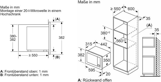 Technische tekening met afmetingen van een inbouwmagnetron voor montage in een hoge kast.