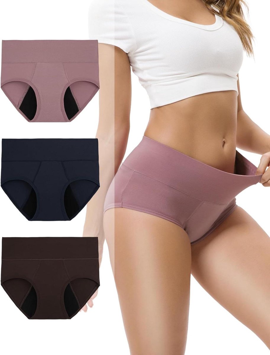 Menstruatie Ondergoed - Hoge Taille Slips - Bescherming Tijdens Periode - Ademend Katoen - 3 Stuks - Diverse Kleuren
