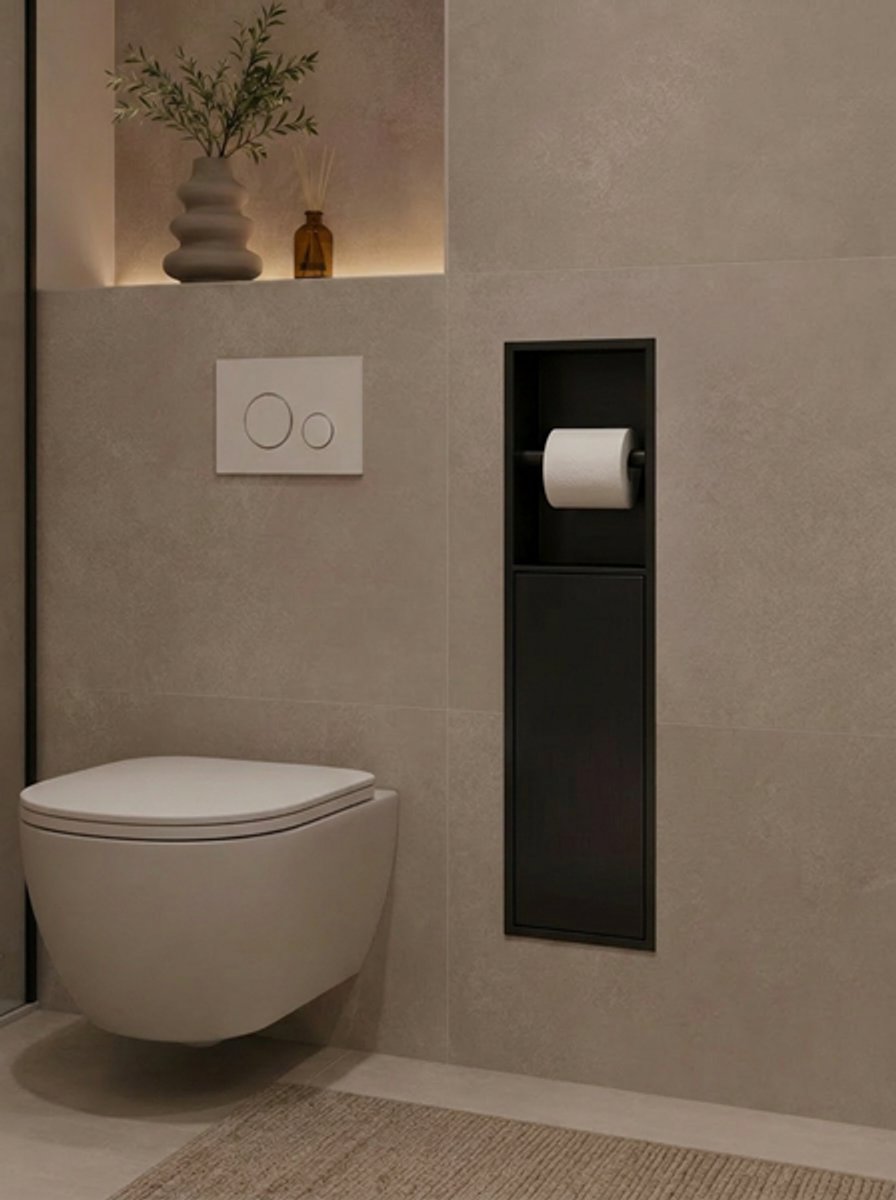 Badkamer inbouwnis 60x16x12cm Sanitado Flack toiletrolhouder en opbergkast in mat zwart