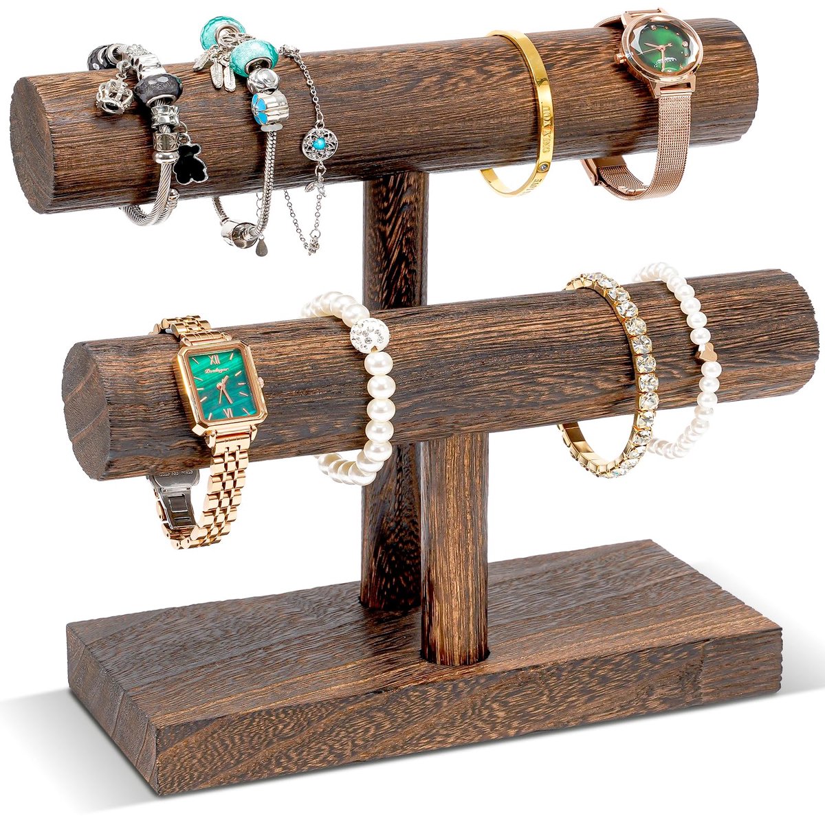 2 etages T-vormige armbandhouder van hout, afneembare armbandhouder, sieradenhouder, armbanden, display, vintage armbandstandaard, horlogestandaard, opslag voor armbanden, haarklemmen,