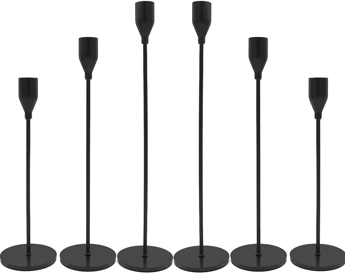 6 stuks matzwarte kaarsenhouders, set van 6 kandelaars voor 3/4 "Taper Kaarsen & Led Moderne Metalen Kaarsenstandaards Decoratieve Tafel Centerpieces voor Bruiloft Dineren Party Kerk, Decorat