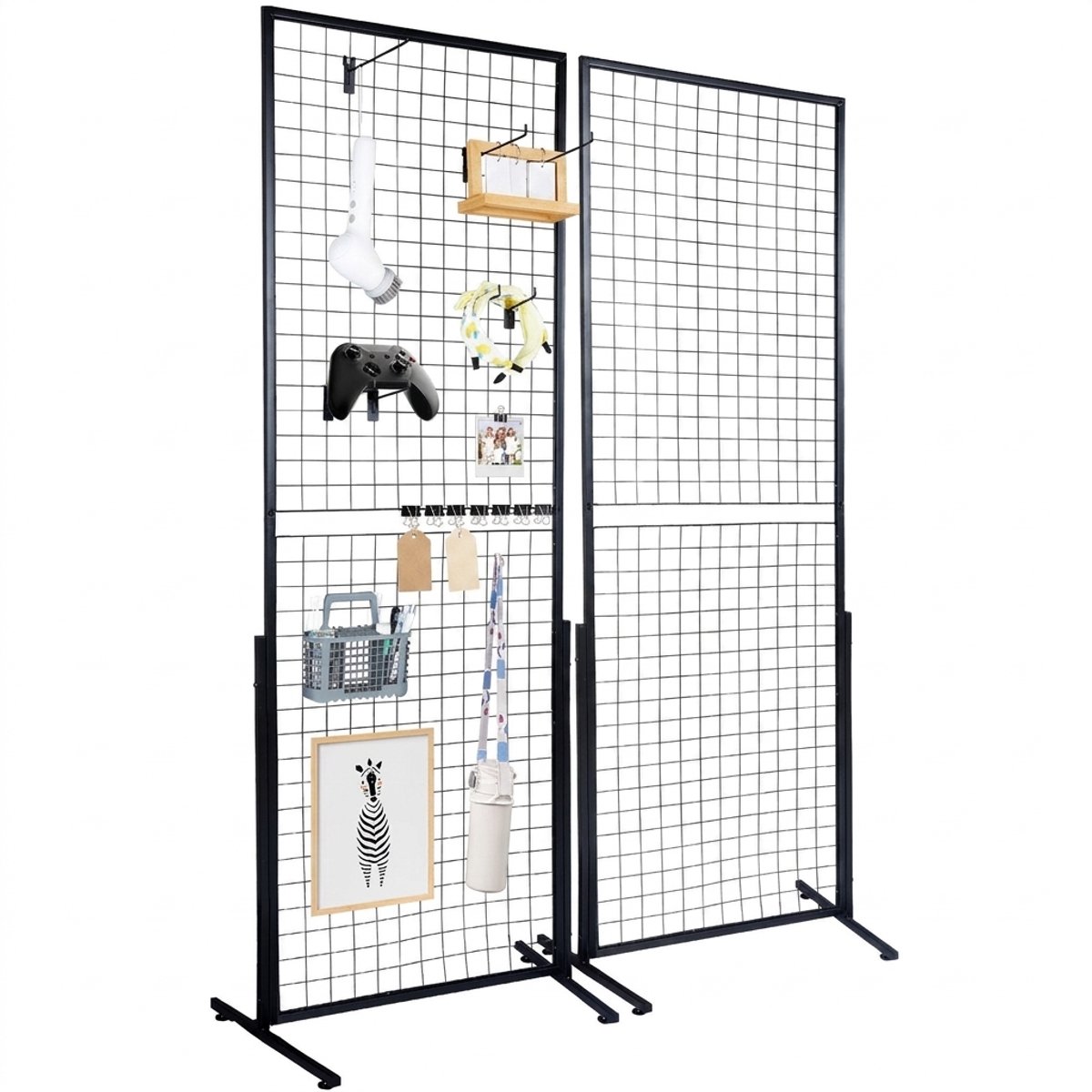 Gridwall Displayrek - Grid Wandpaneel Toren - Draadrek Display - Vrijstaande Gridwall Rek - Metalen Wandrek - T-basis - Dubbelzijdig - Met Clips - Retail Display - 61 x 170,7 cm - 2 Stuks - Zwart