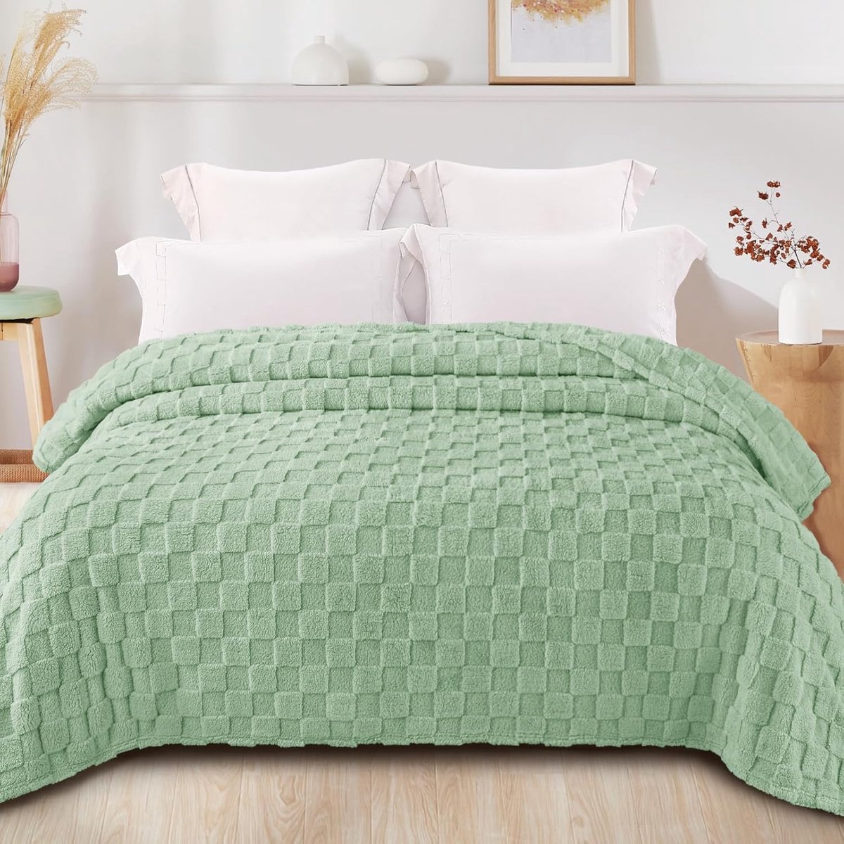 Mezcla Queen Size flanellen fleecedeken, super zachte en warme lichtgewicht geruite patroondekens voor alle seizoenen, 230 x 230 cm, saliegroene deken