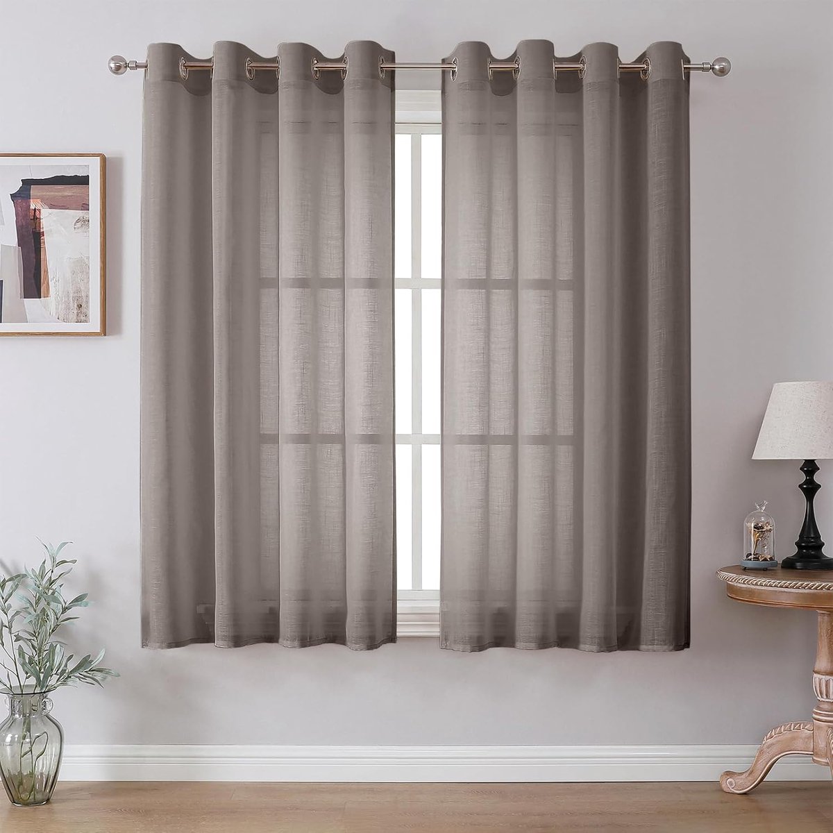 Linnen look voile gordijnen met oogjes half transparant gordijn voor slaapkamer woonkamer H 160 x B 140 cm set van 2, lichtgrijs
