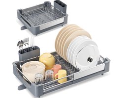 kingrack Uitschuifbaar afdruiprek, aluminium afdruiprek, afdruiprek, verstelbaar afdruiprek met afvoeruitloop, opvouwbaar afdruiprek voor keuken, grijs